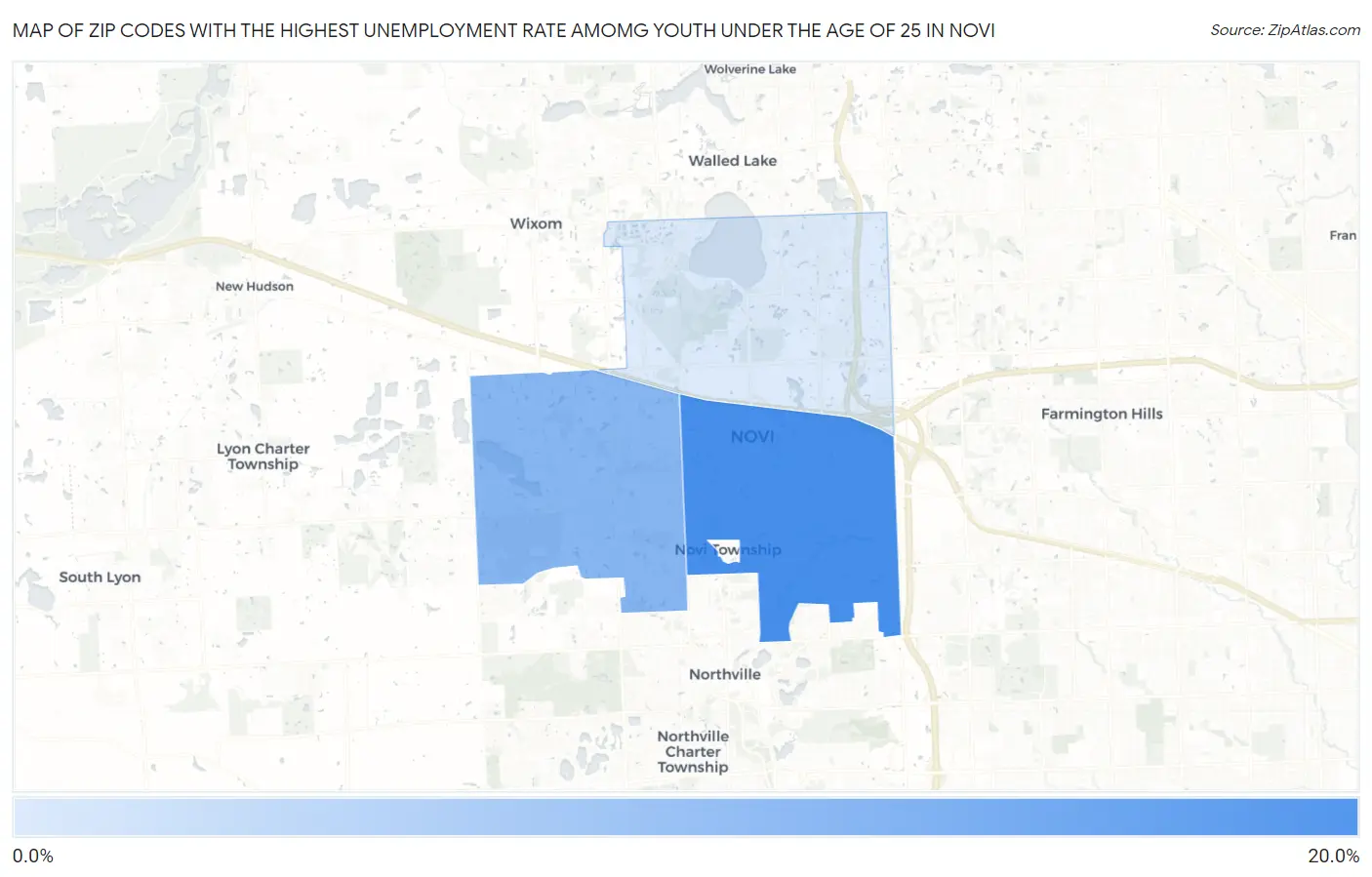 Zip Codes with the Highest Unemployment Rate Amomg Youth Under the Age of 25 in Novi Map