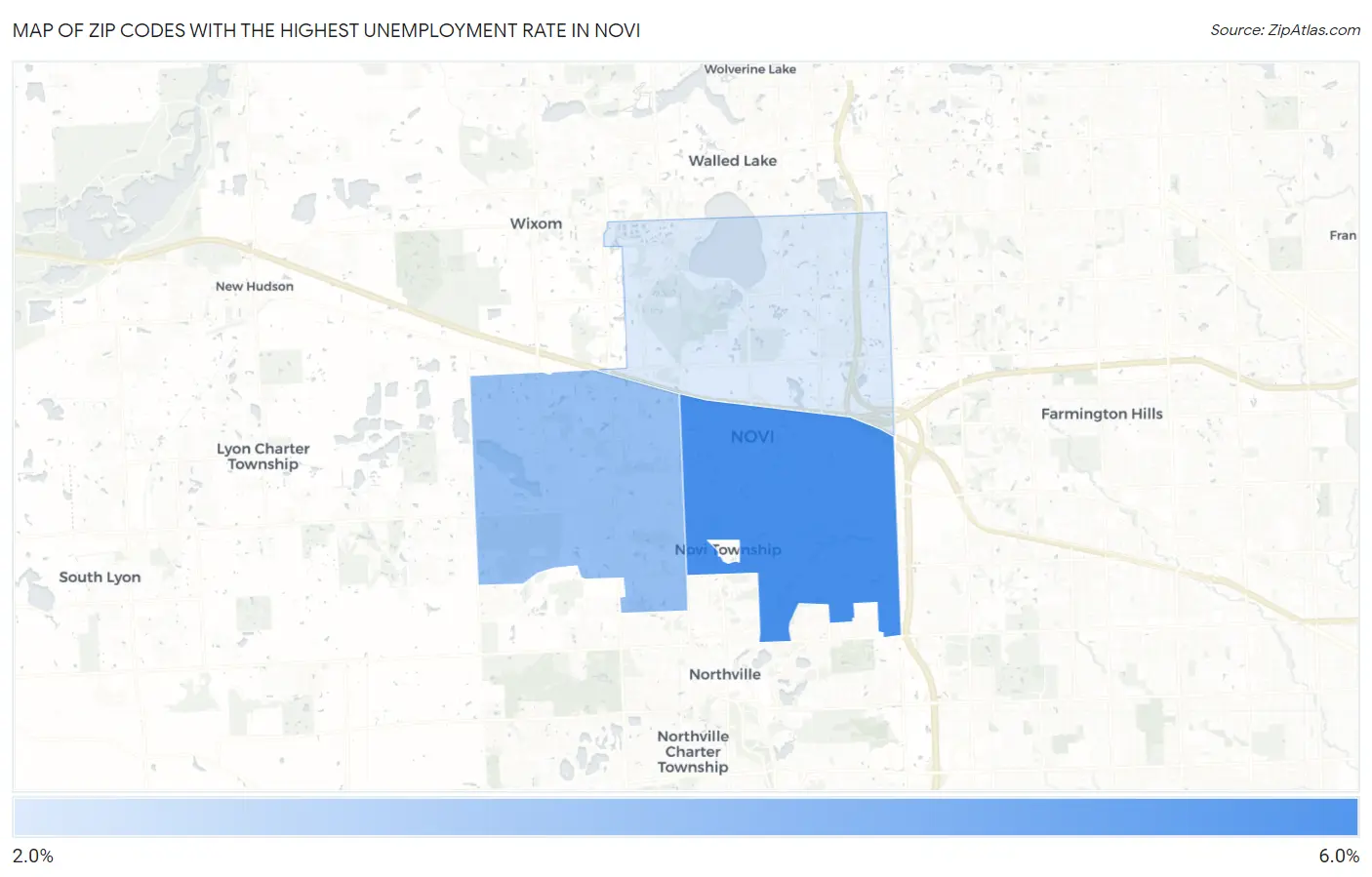 Zip Codes with the Highest Unemployment Rate in Novi Map