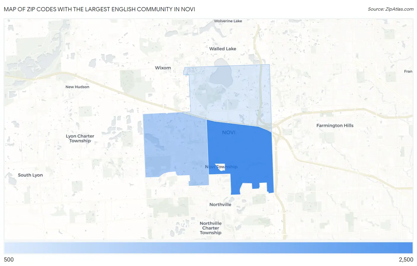 Zip Codes with the Largest English Community in Novi Map