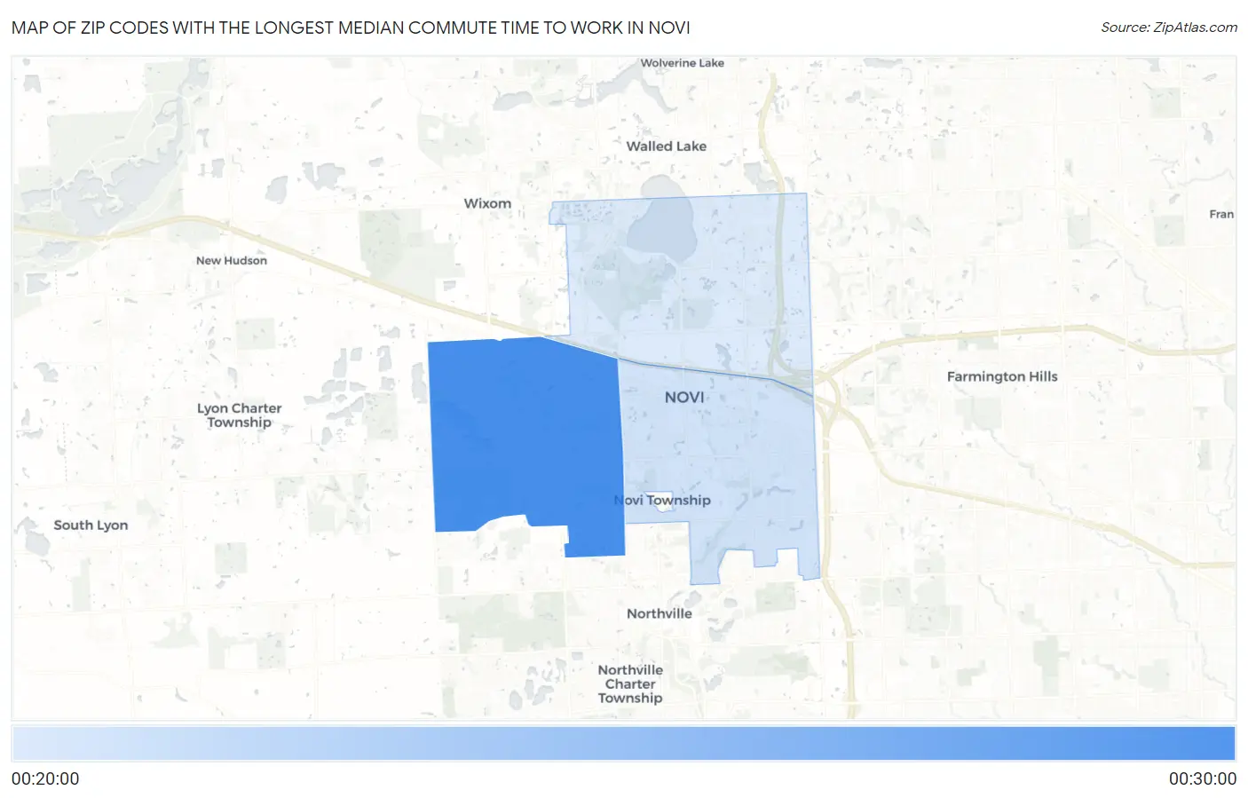 Zip Codes with the Longest Median Commute Time to Work in Novi Map