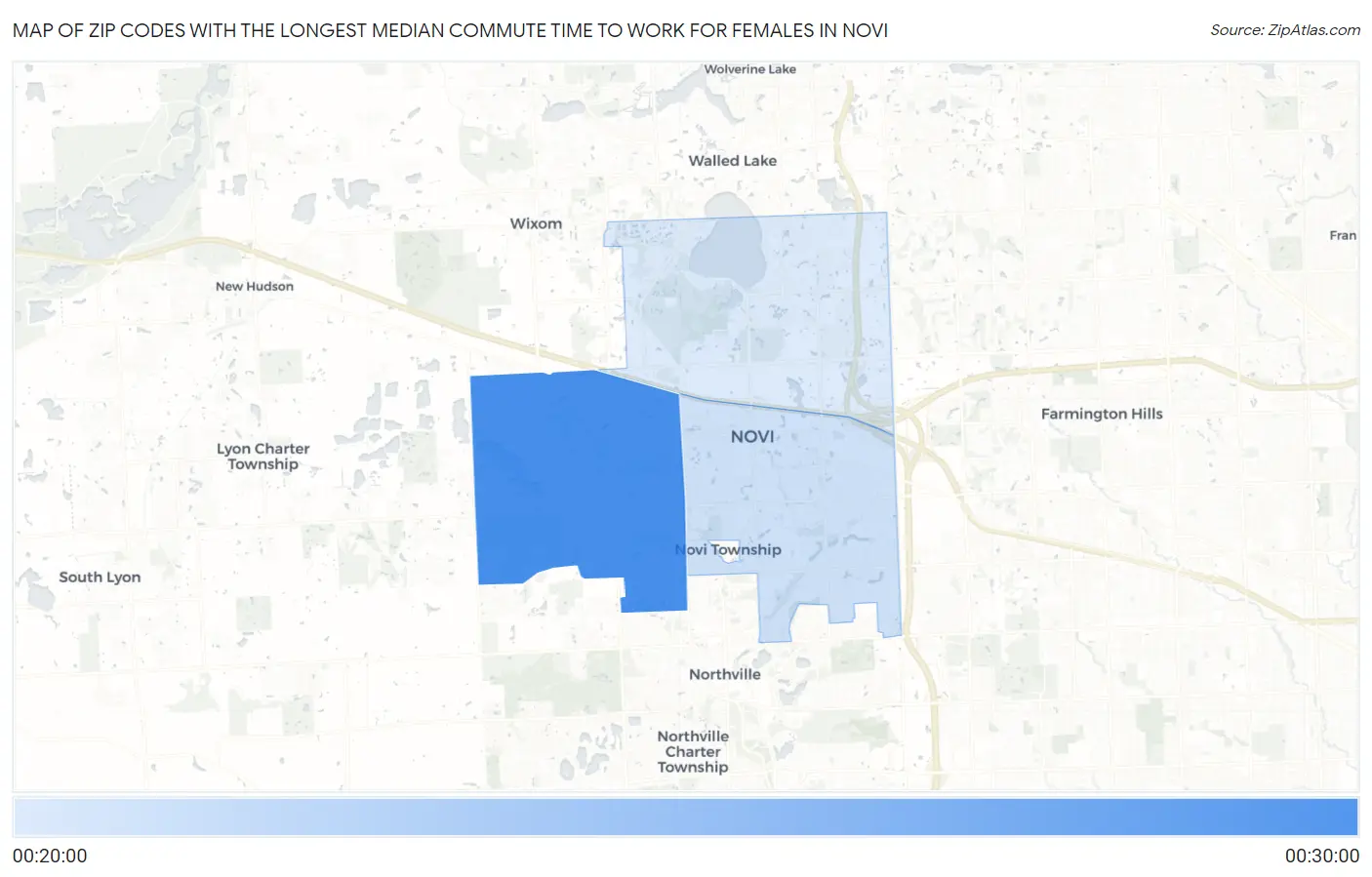 Zip Codes with the Longest Median Commute Time to Work for Females in Novi Map