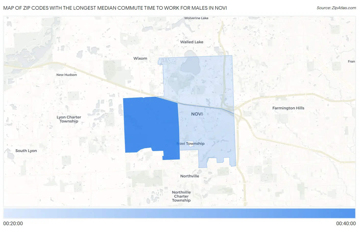 Zip Codes with the Longest Median Commute Time to Work for Males in Novi Map