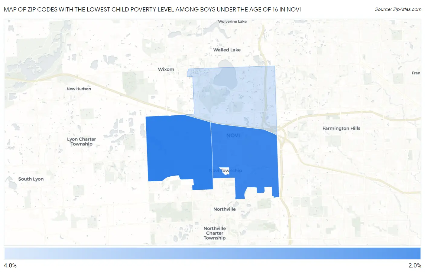 Zip Codes with the Lowest Child Poverty Level Among Boys Under the Age of 16 in Novi Map