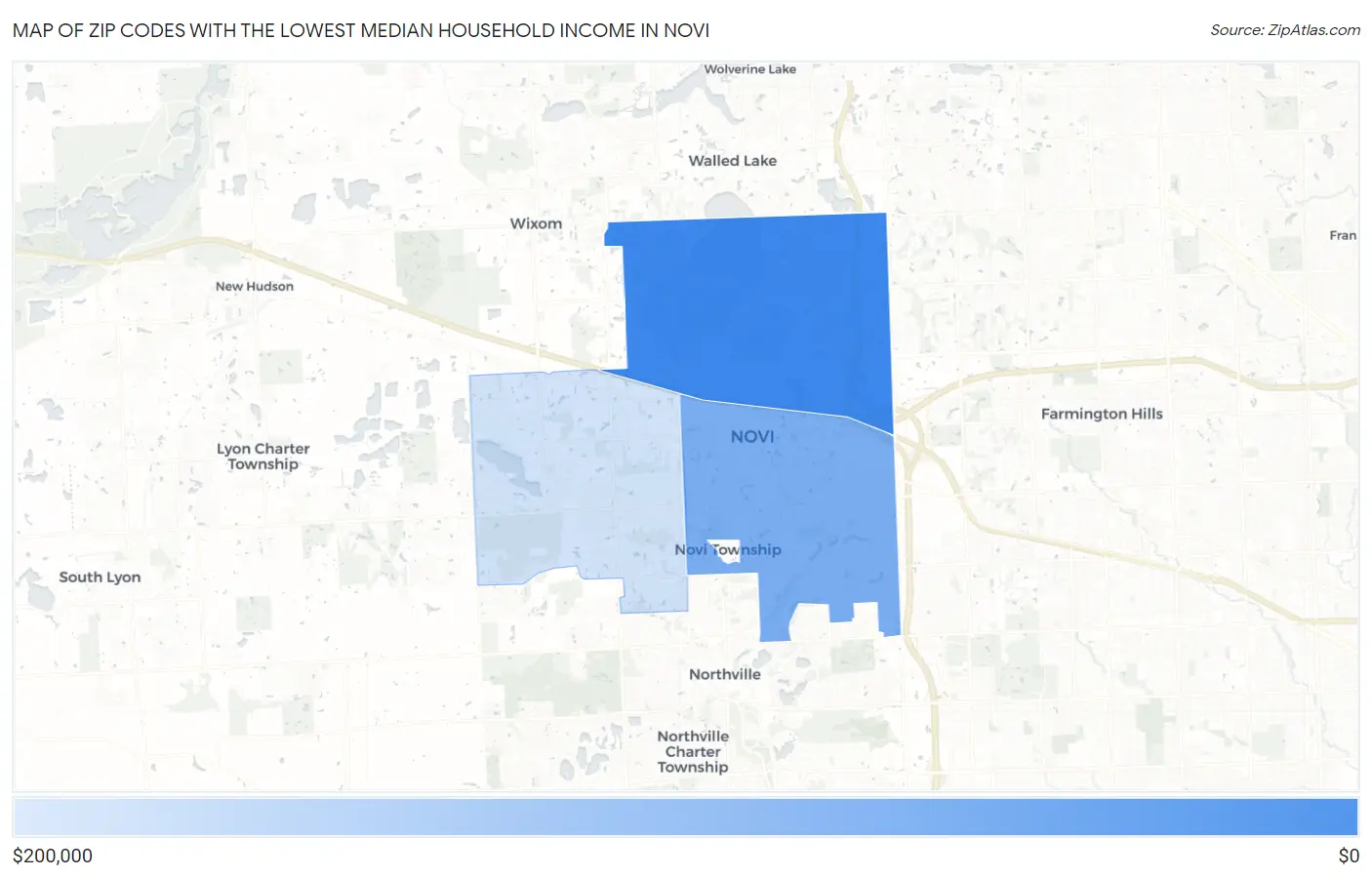 Zip Codes with the Lowest Median Household Income in Novi Map