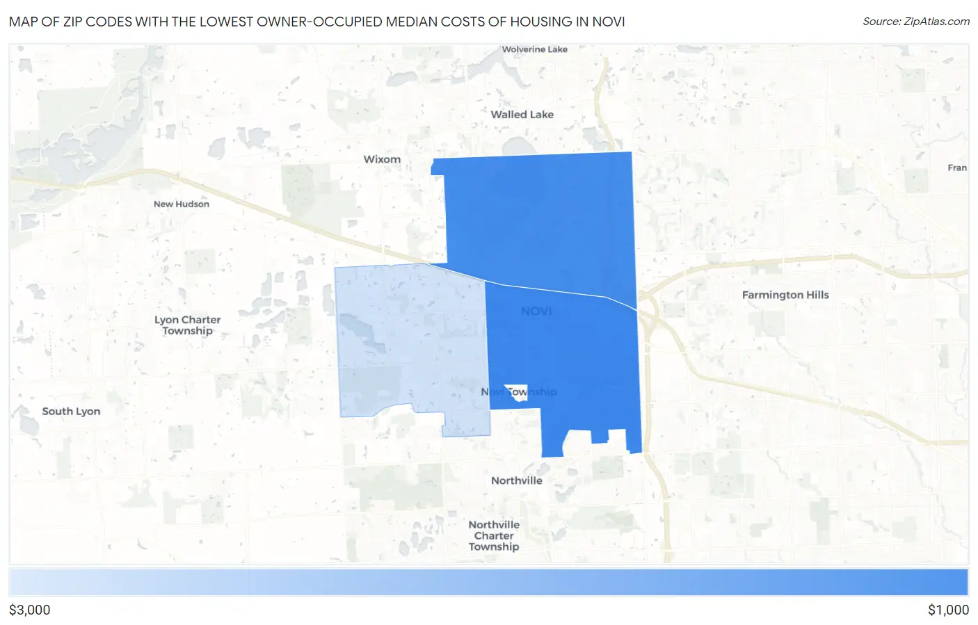 Zip Codes with the Lowest Owner-Occupied Median Costs of Housing in Novi Map