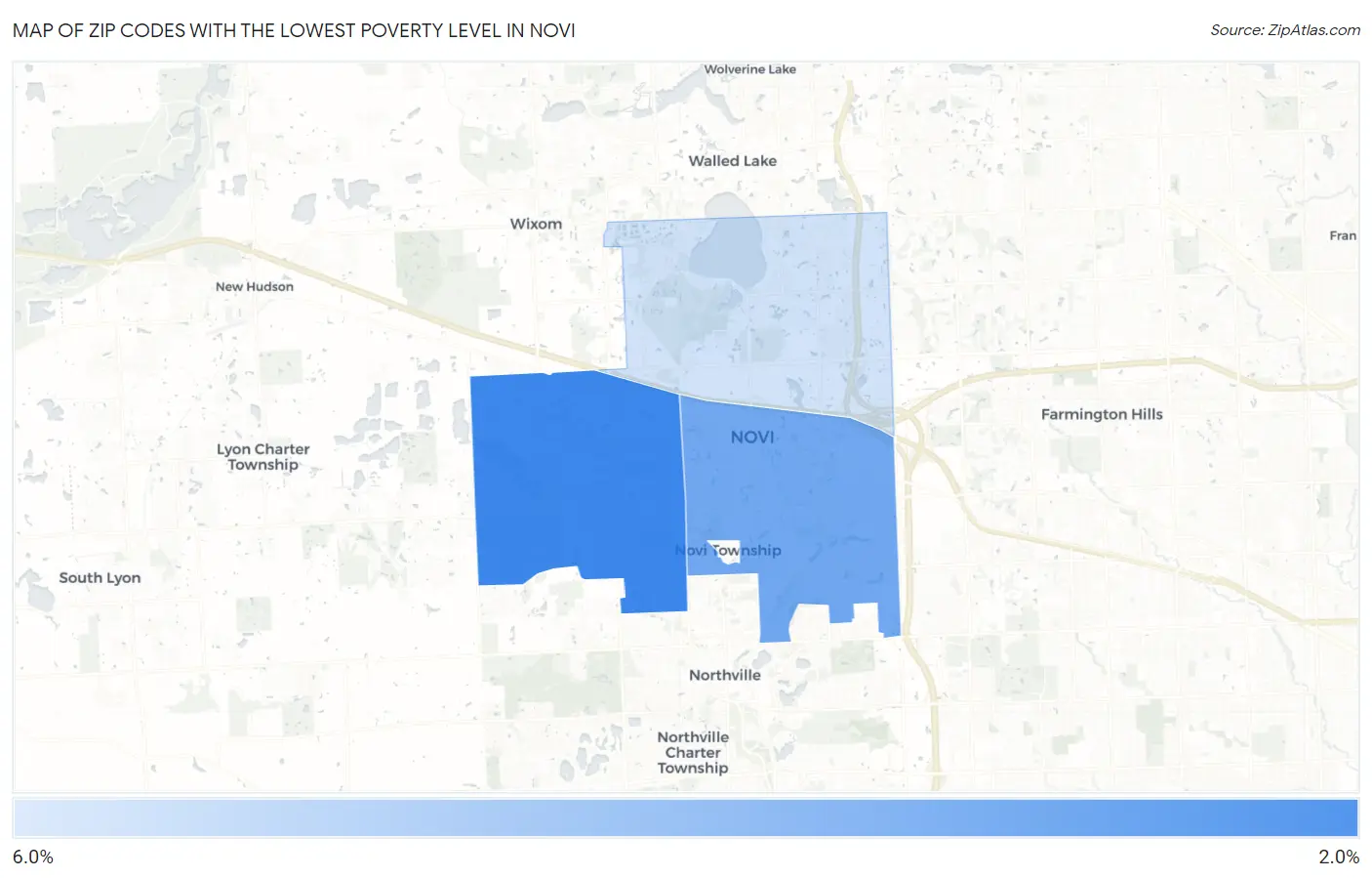 Zip Codes with the Lowest Poverty Level in Novi Map
