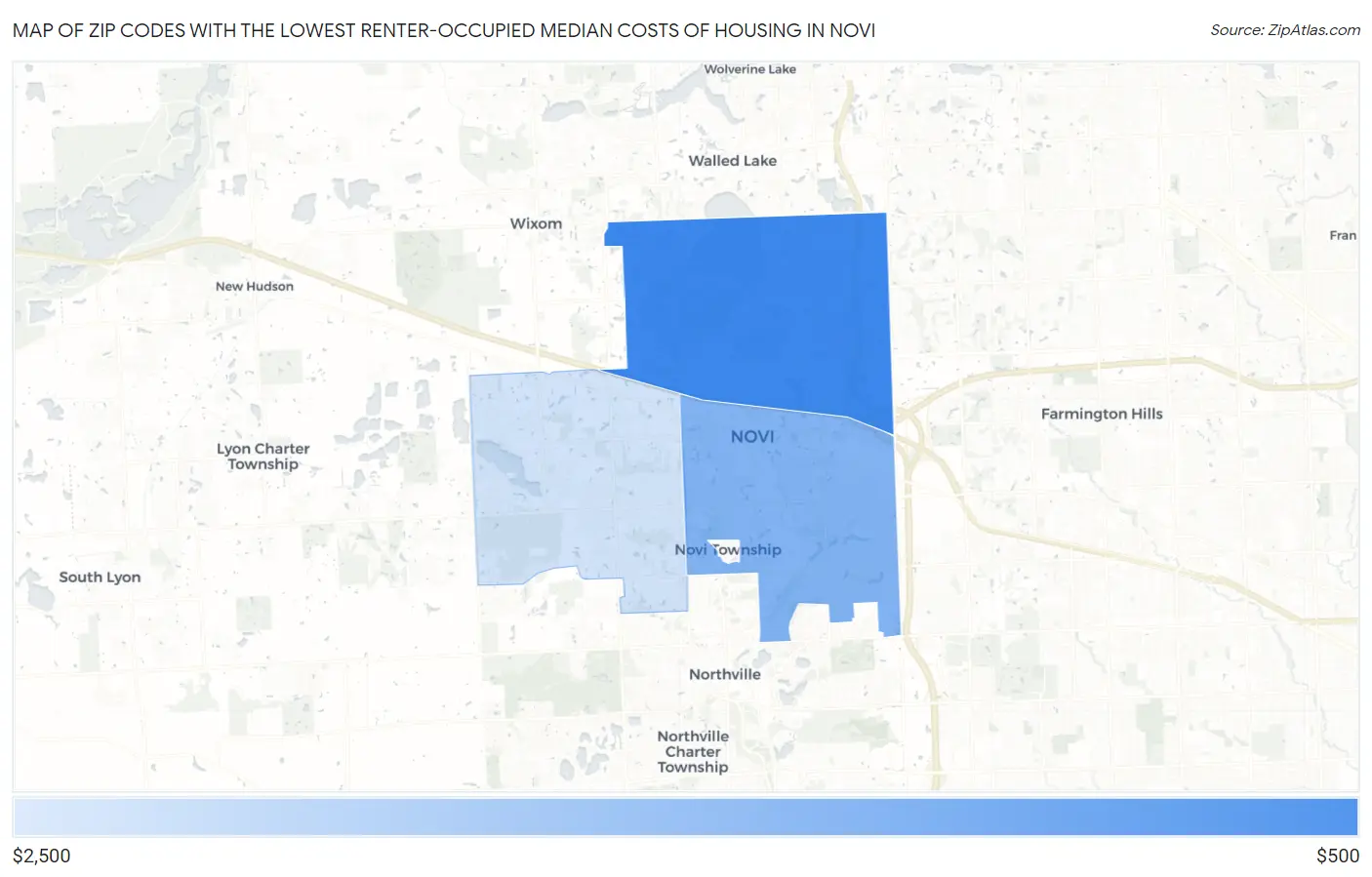 Zip Codes with the Lowest Renter-Occupied Median Costs of Housing in Novi Map