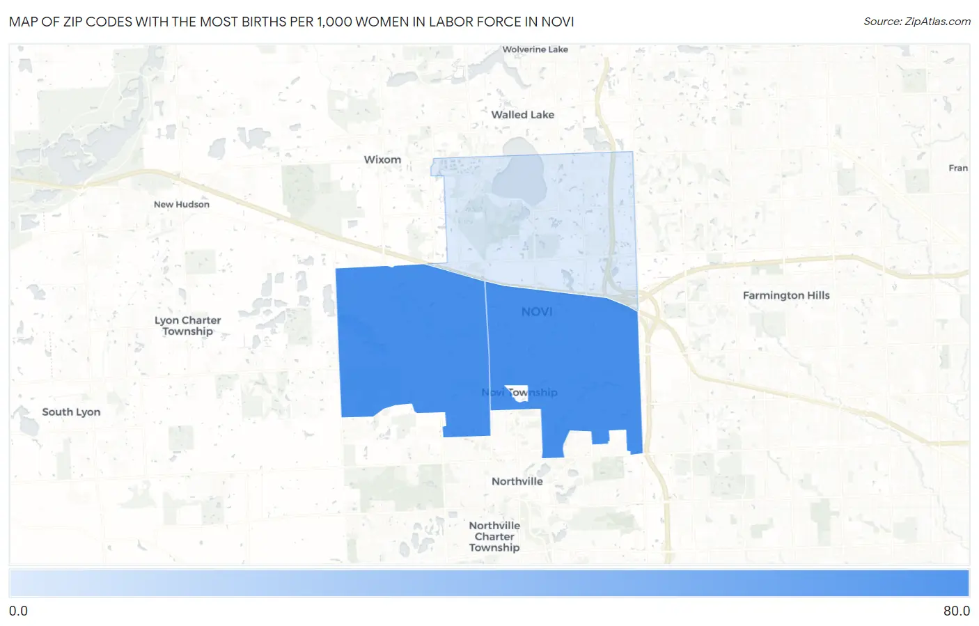 Zip Codes with the Most Births per 1,000 Women in Labor Force in Novi Map