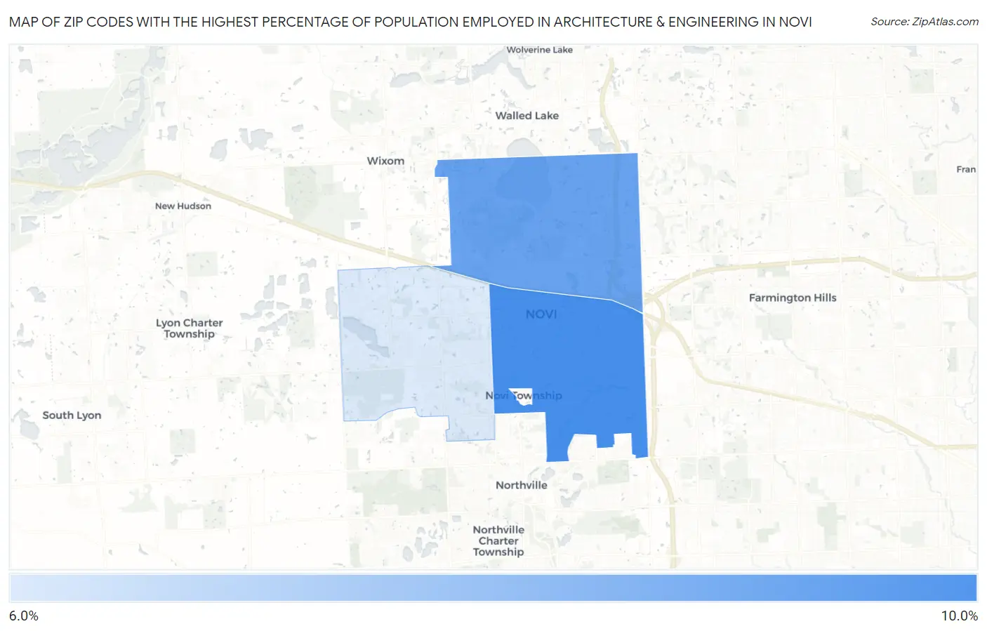 Zip Codes with the Highest Percentage of Population Employed in Architecture & Engineering in Novi Map