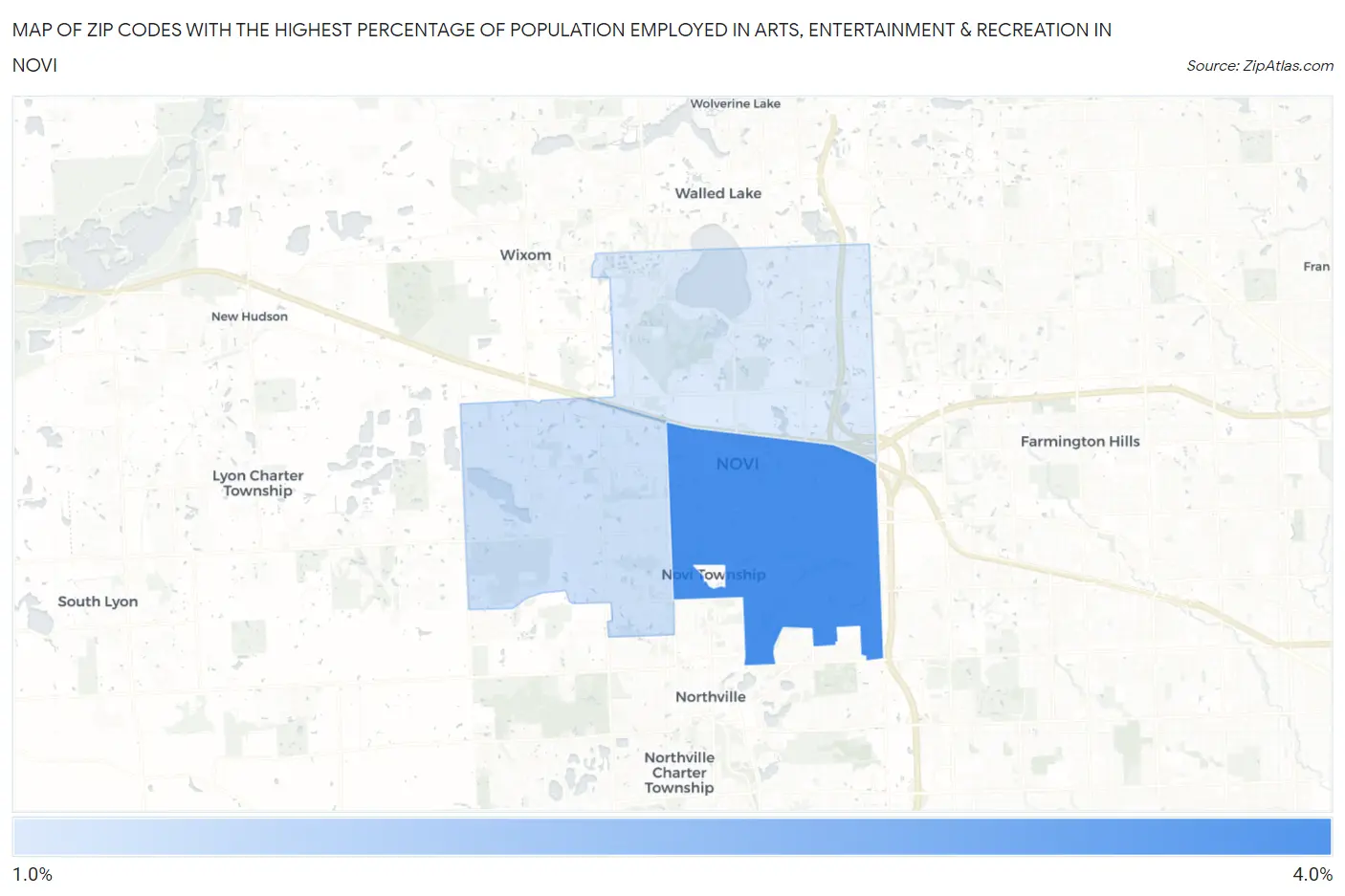 Zip Codes with the Highest Percentage of Population Employed in Arts, Entertainment & Recreation in Novi Map