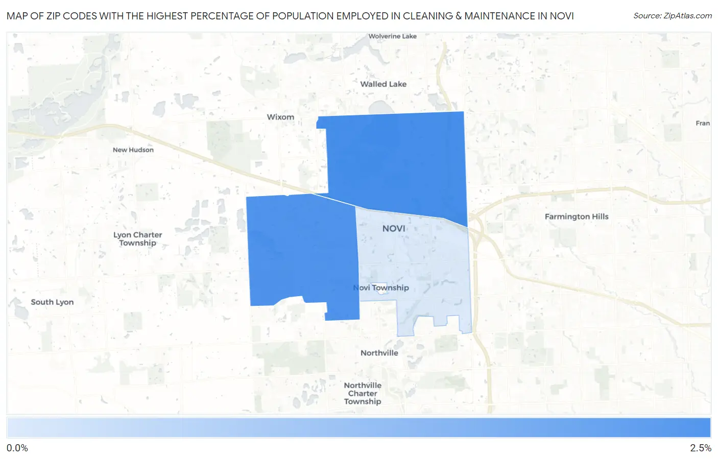 Zip Codes with the Highest Percentage of Population Employed in Cleaning & Maintenance in Novi Map