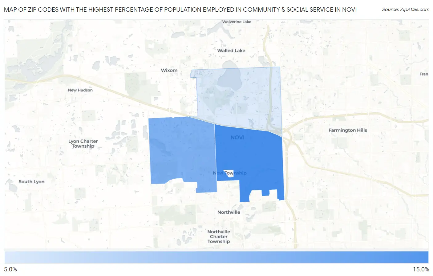 Zip Codes with the Highest Percentage of Population Employed in Community & Social Service  in Novi Map