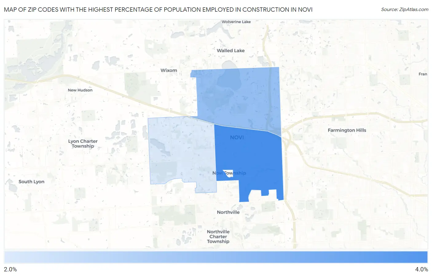 Zip Codes with the Highest Percentage of Population Employed in Construction in Novi Map
