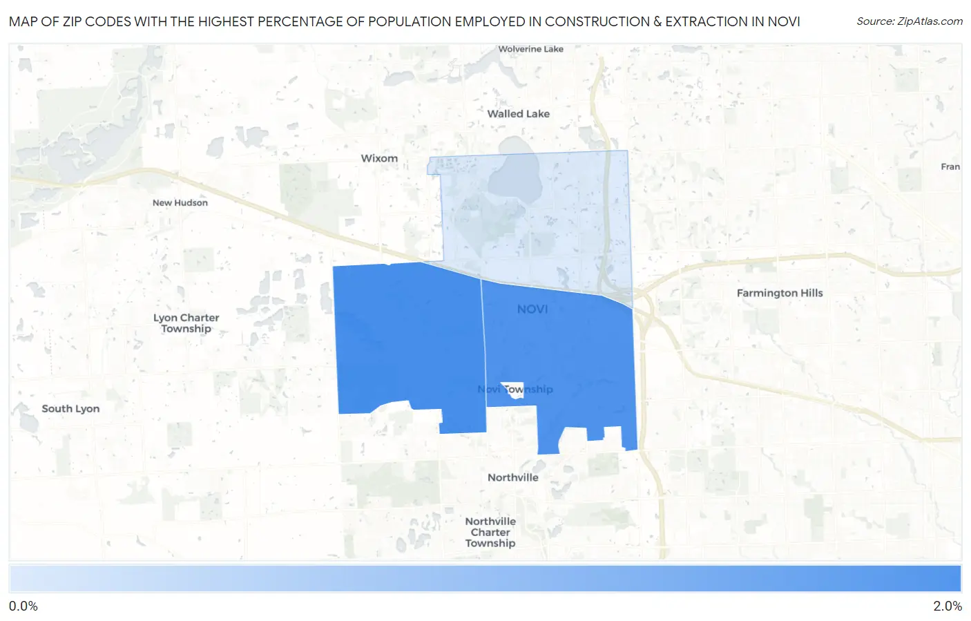 Zip Codes with the Highest Percentage of Population Employed in Construction & Extraction in Novi Map