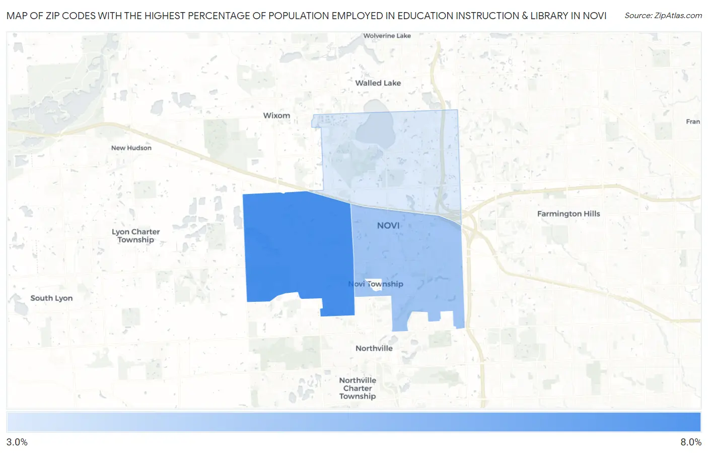 Zip Codes with the Highest Percentage of Population Employed in Education Instruction & Library in Novi Map