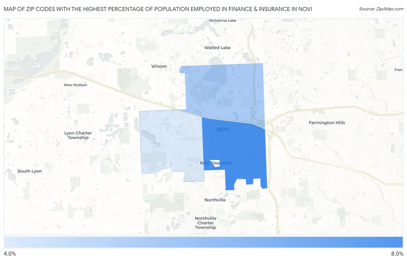 Zip Codes with the Highest Percentage of Population Employed in Finance & Insurance in Novi Map