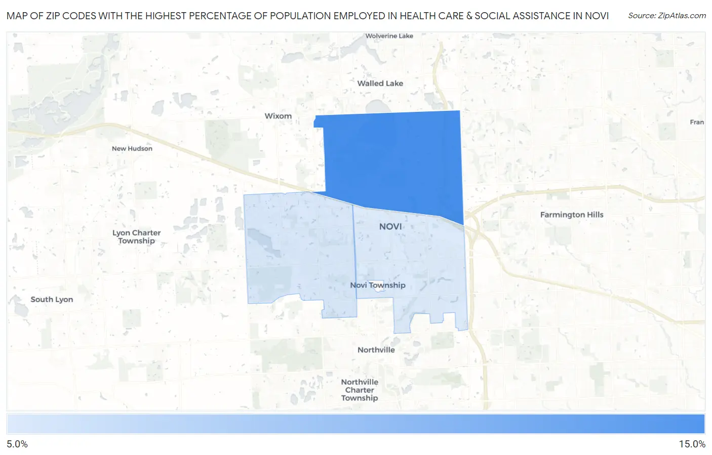 Zip Codes with the Highest Percentage of Population Employed in Health Care & Social Assistance in Novi Map