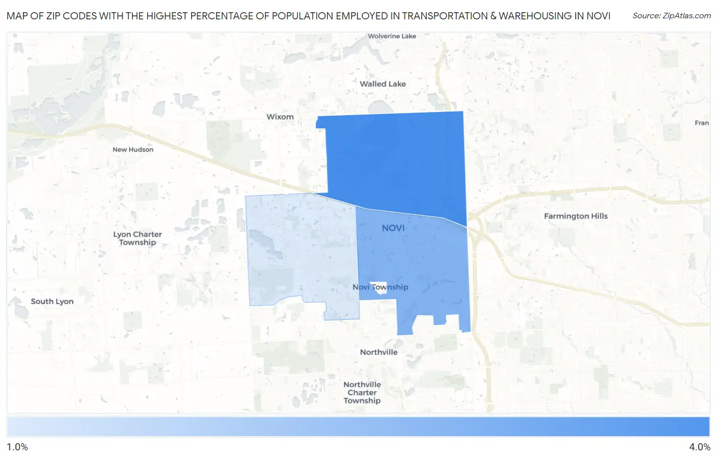 Zip Codes with the Highest Percentage of Population Employed in Transportation & Warehousing in Novi Map