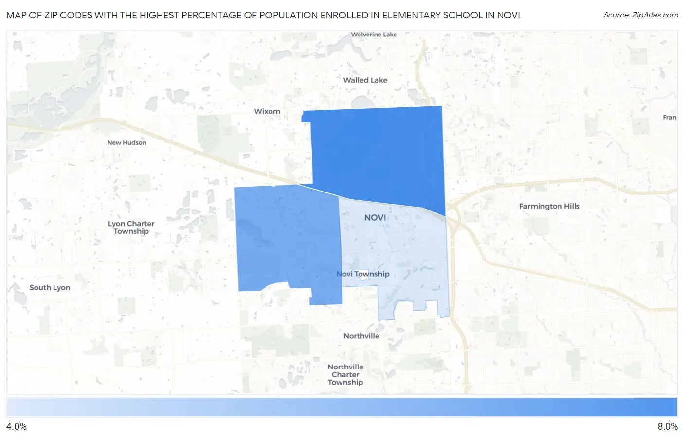 Zip Codes with the Highest Percentage of Population Enrolled in Elementary School in Novi Map
