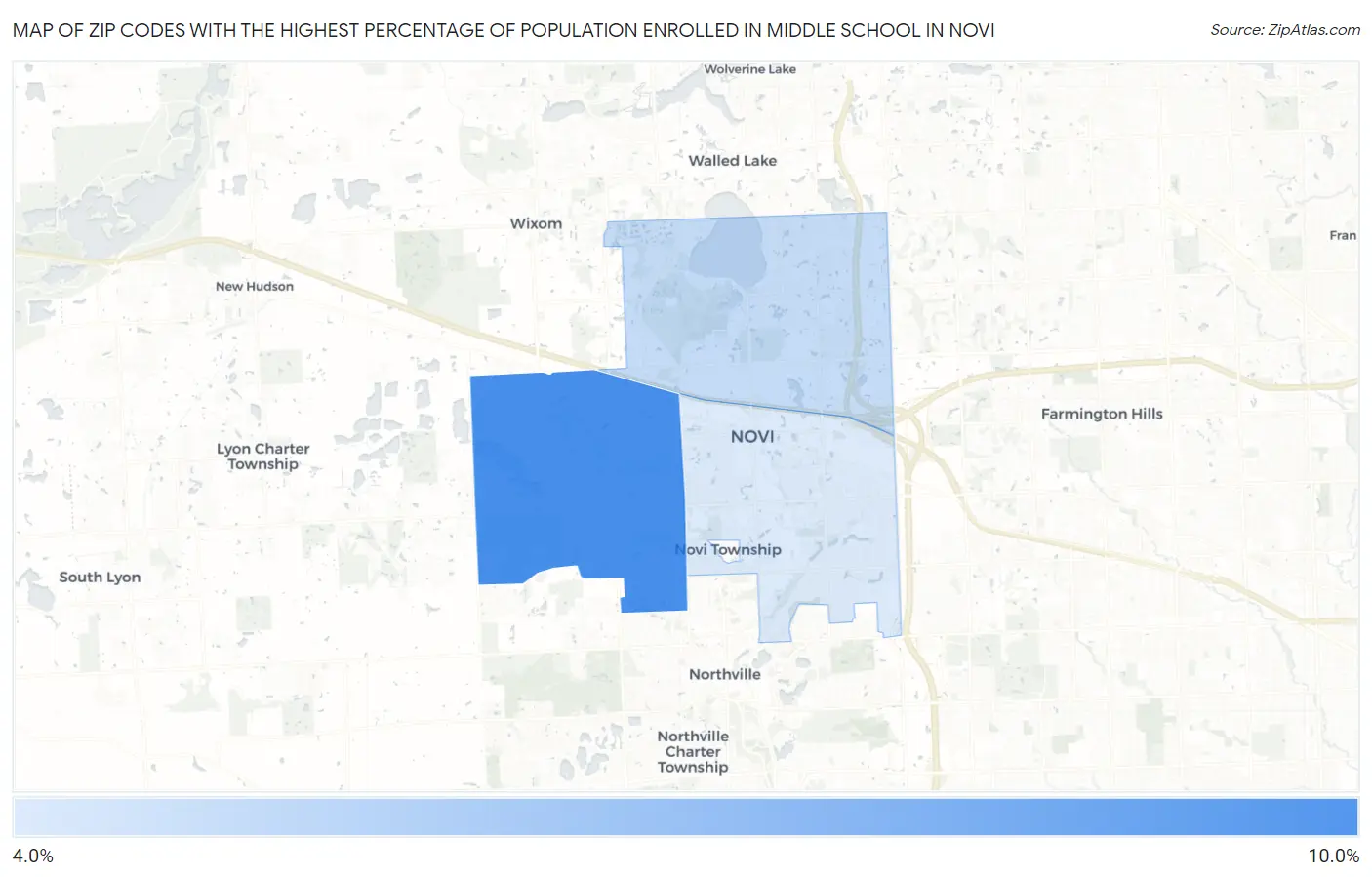 Zip Codes with the Highest Percentage of Population Enrolled in Middle School in Novi Map