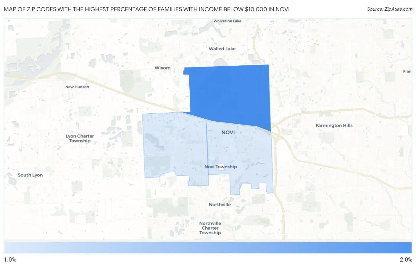 Zip Codes with the Highest Percentage of Families with Income Below $10,000 in Novi Map