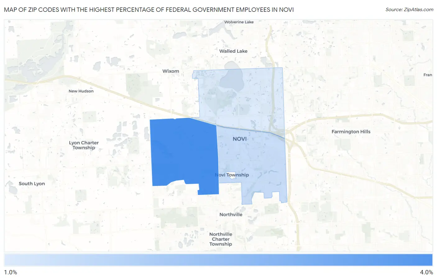 Zip Codes with the Highest Percentage of Federal Government Employees in Novi Map