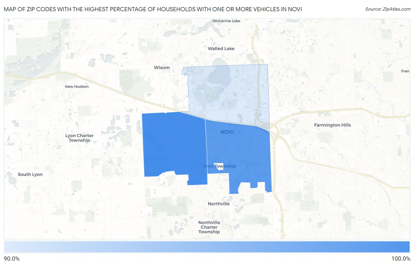 Zip Codes with the Highest Percentage of Households With One or more Vehicles in Novi Map