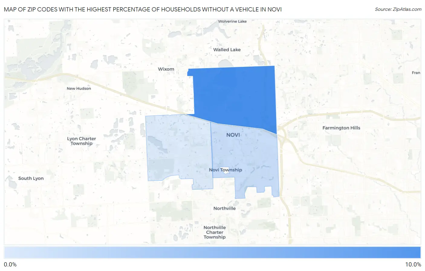 Zip Codes with the Highest Percentage of Households Without a Vehicle in Novi Map
