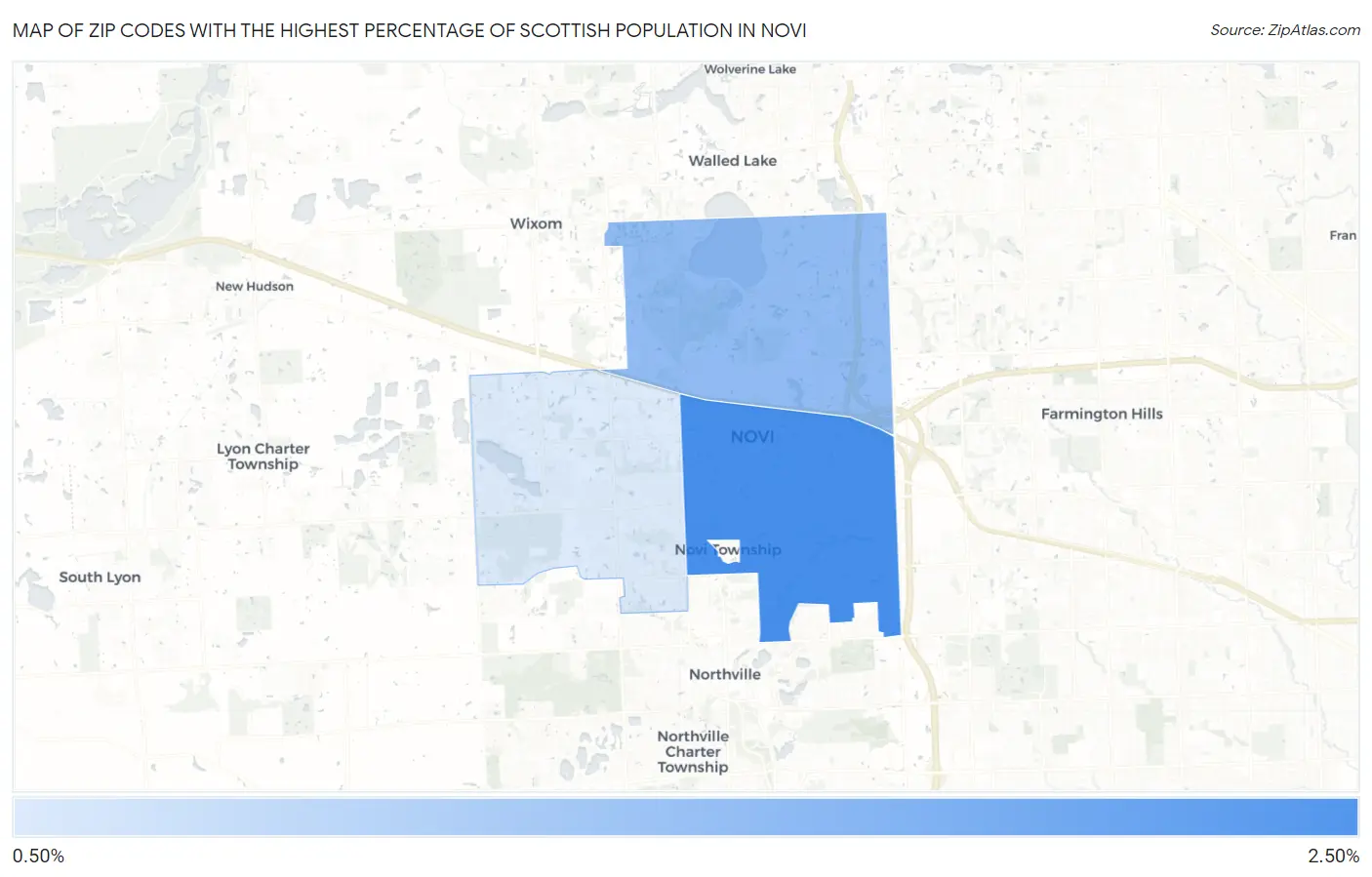 Zip Codes with the Highest Percentage of Scottish Population in Novi Map