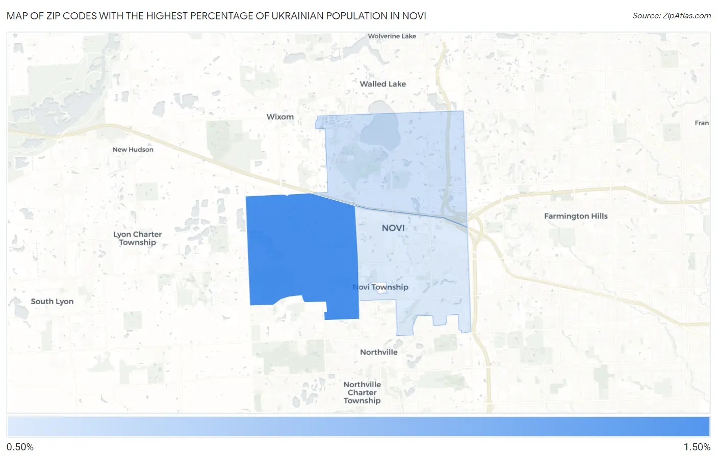 Zip Codes with the Highest Percentage of Ukrainian Population in Novi Map