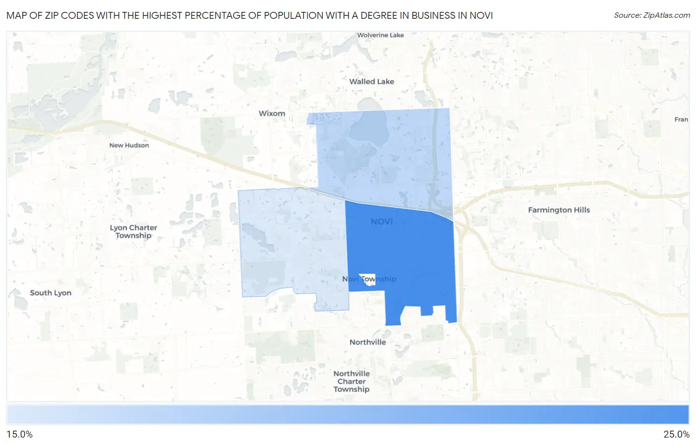 Zip Codes with the Highest Percentage of Population with a Degree in Business in Novi Map