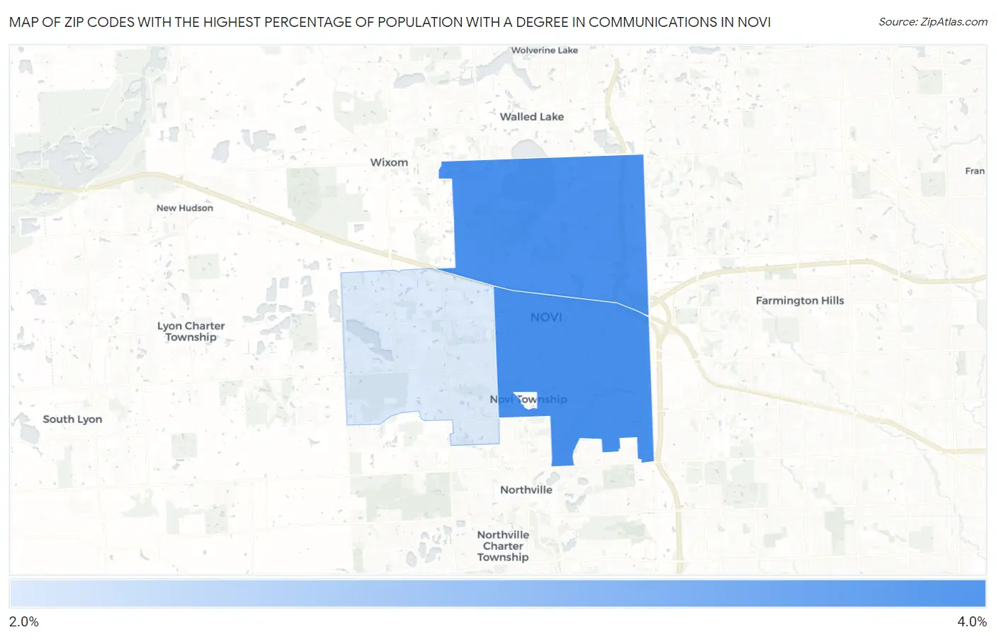 Zip Codes with the Highest Percentage of Population with a Degree in Communications in Novi Map