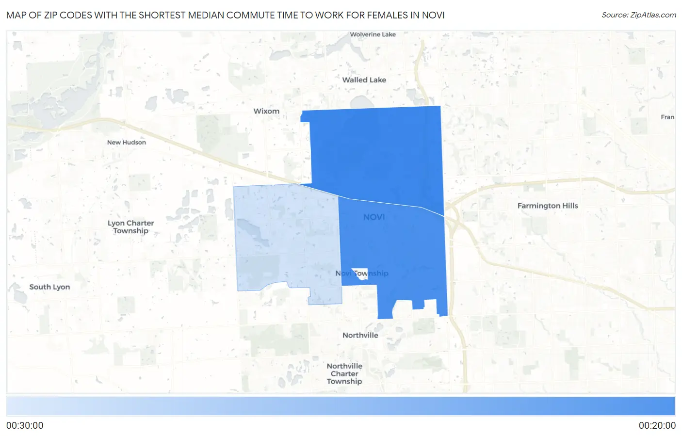 Zip Codes with the Shortest Median Commute Time to Work for Females in Novi Map
