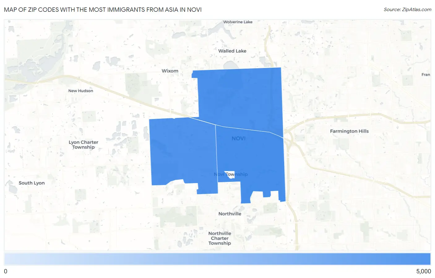 Zip Codes with the Most Immigrants from Asia in Novi Map