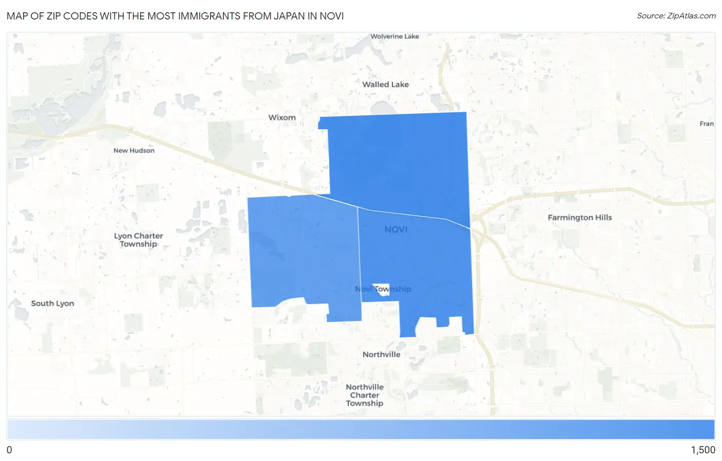 Zip Codes with the Most Immigrants from Japan in Novi Map