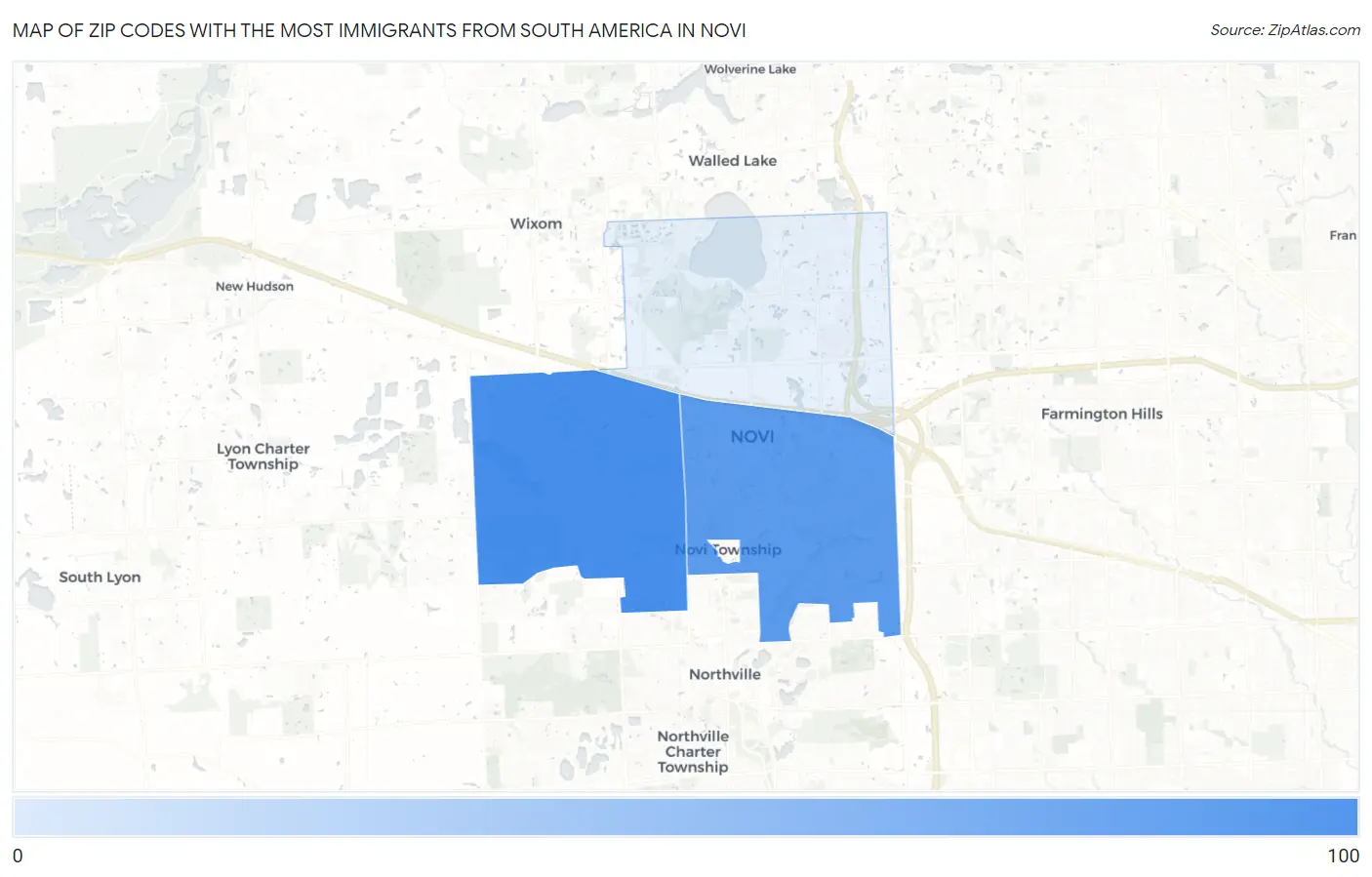 Zip Codes with the Most Immigrants from South America in Novi Map