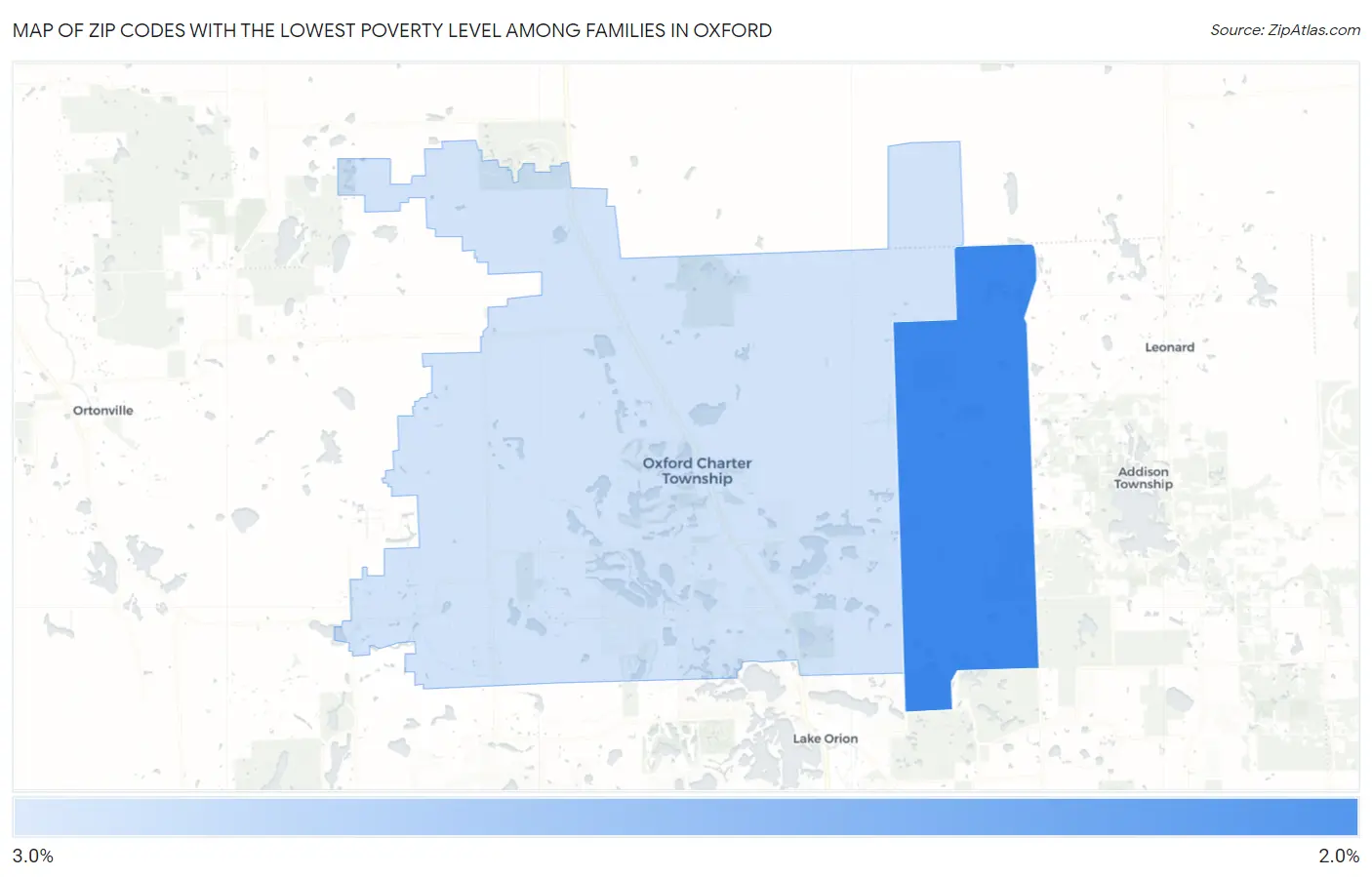 Zip Codes with the Lowest Poverty Level Among Families in Oxford Map