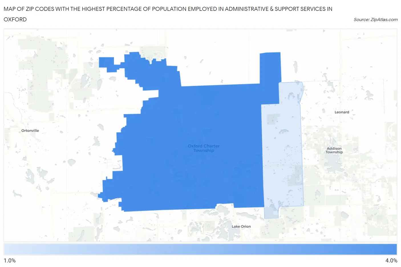 Zip Codes with the Highest Percentage of Population Employed in Administrative & Support Services in Oxford Map