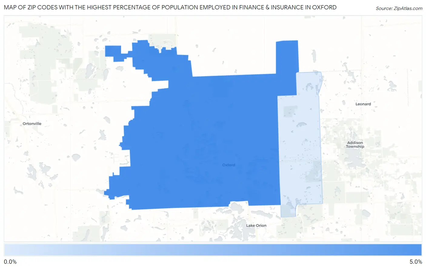 Zip Codes with the Highest Percentage of Population Employed in Finance & Insurance in Oxford Map