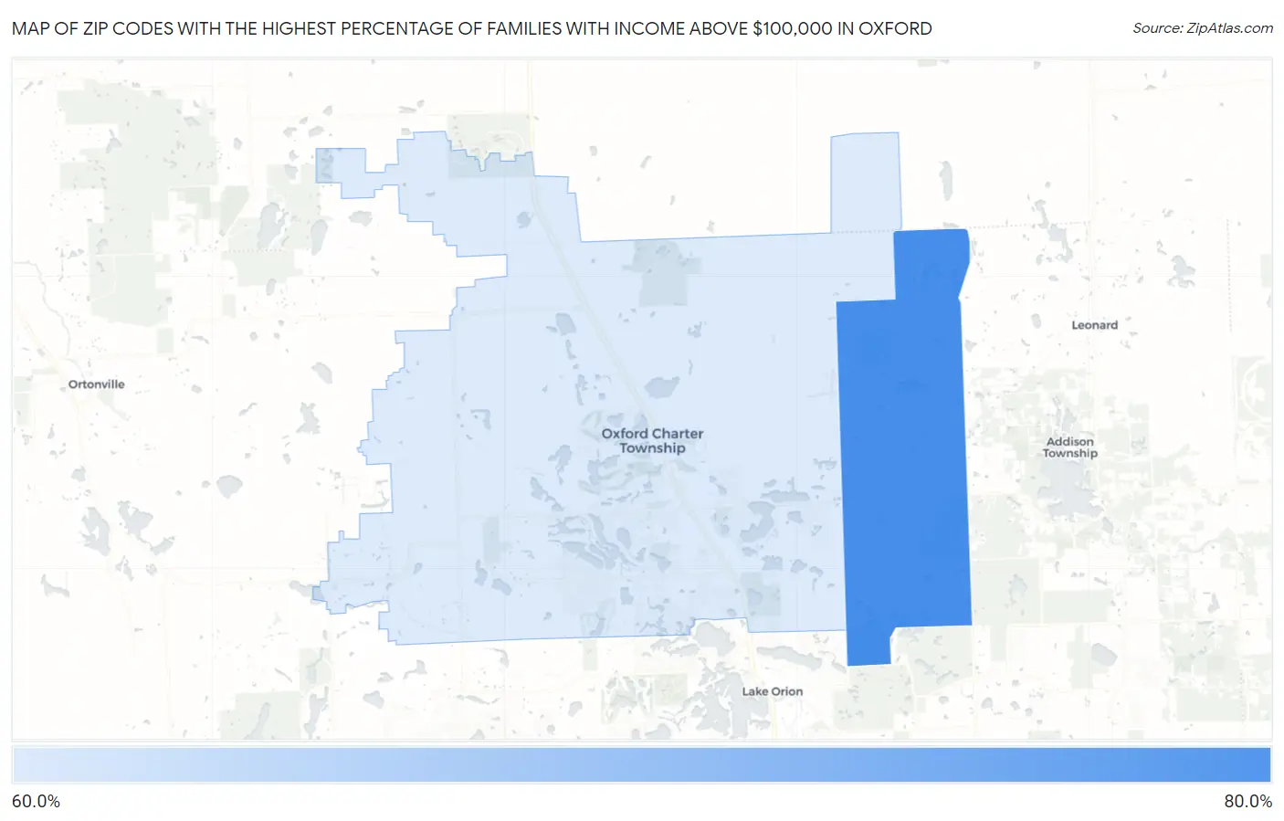 Zip Codes with the Highest Percentage of Families with Income Above $100,000 in Oxford Map