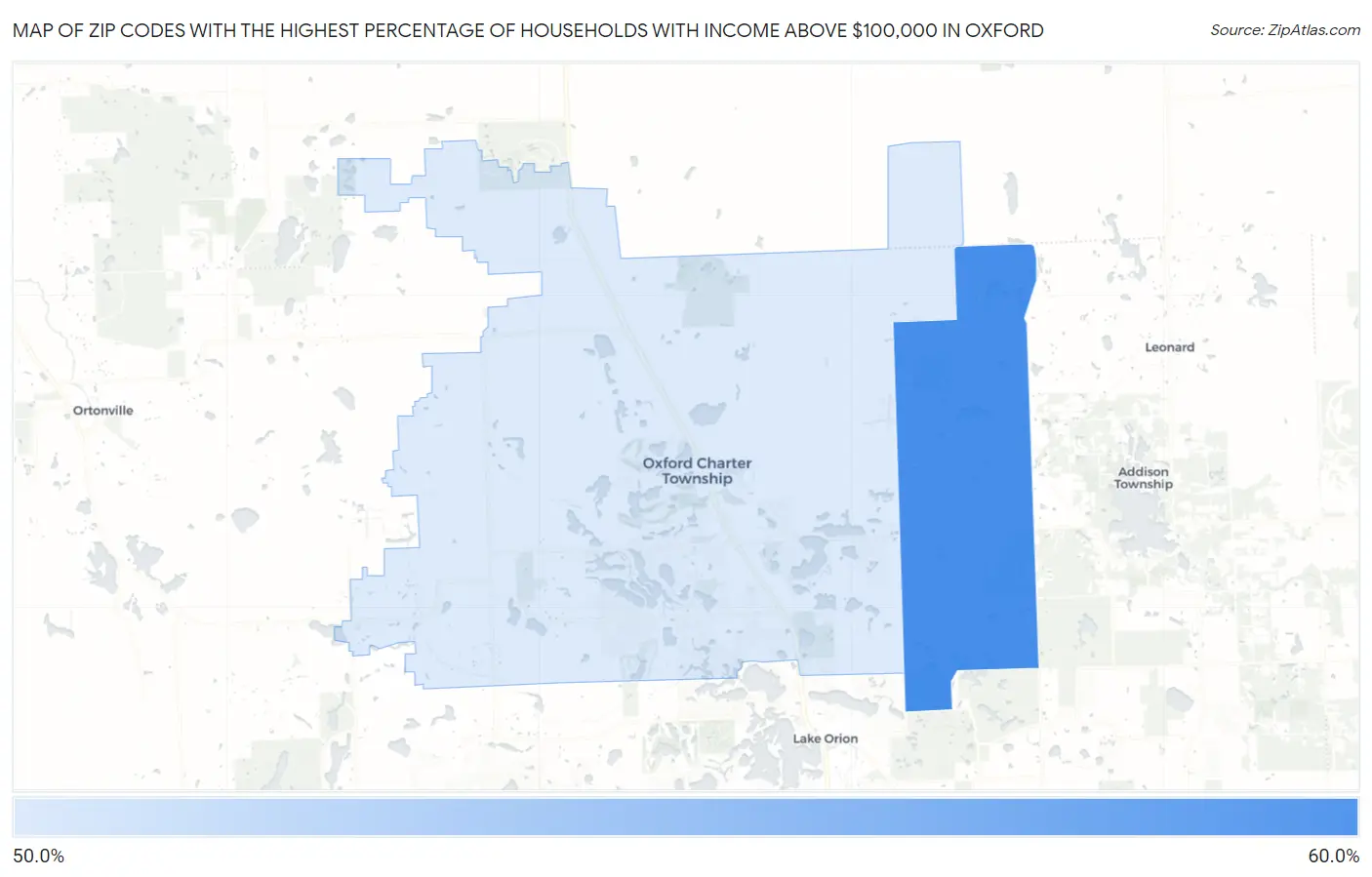 Zip Codes with the Highest Percentage of Households with Income Above $100,000 in Oxford Map