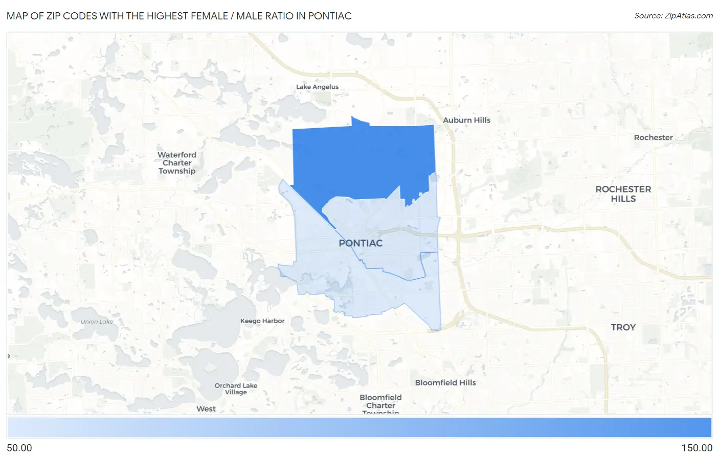 Zip Codes with the Highest Female / Male Ratio in Pontiac Map