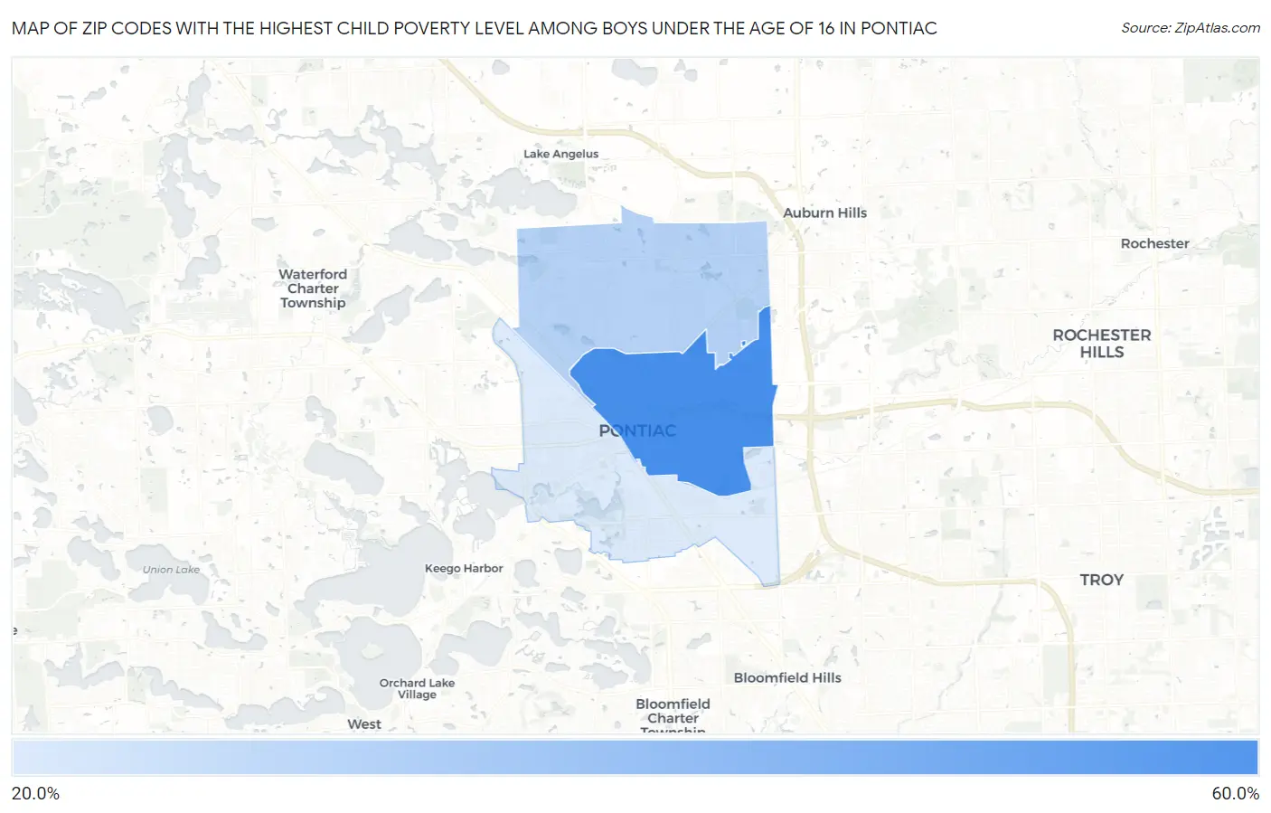 Zip Codes with the Highest Child Poverty Level Among Boys Under the Age of 16 in Pontiac Map