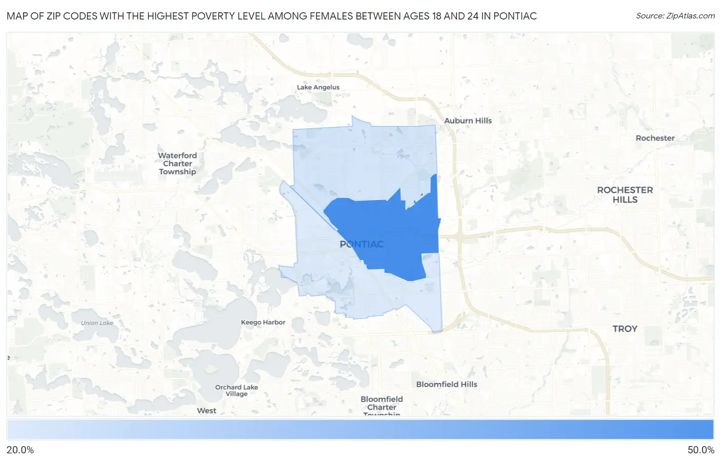 Zip Codes with the Highest Poverty Level Among Females Between Ages 18 and 24 in Pontiac Map