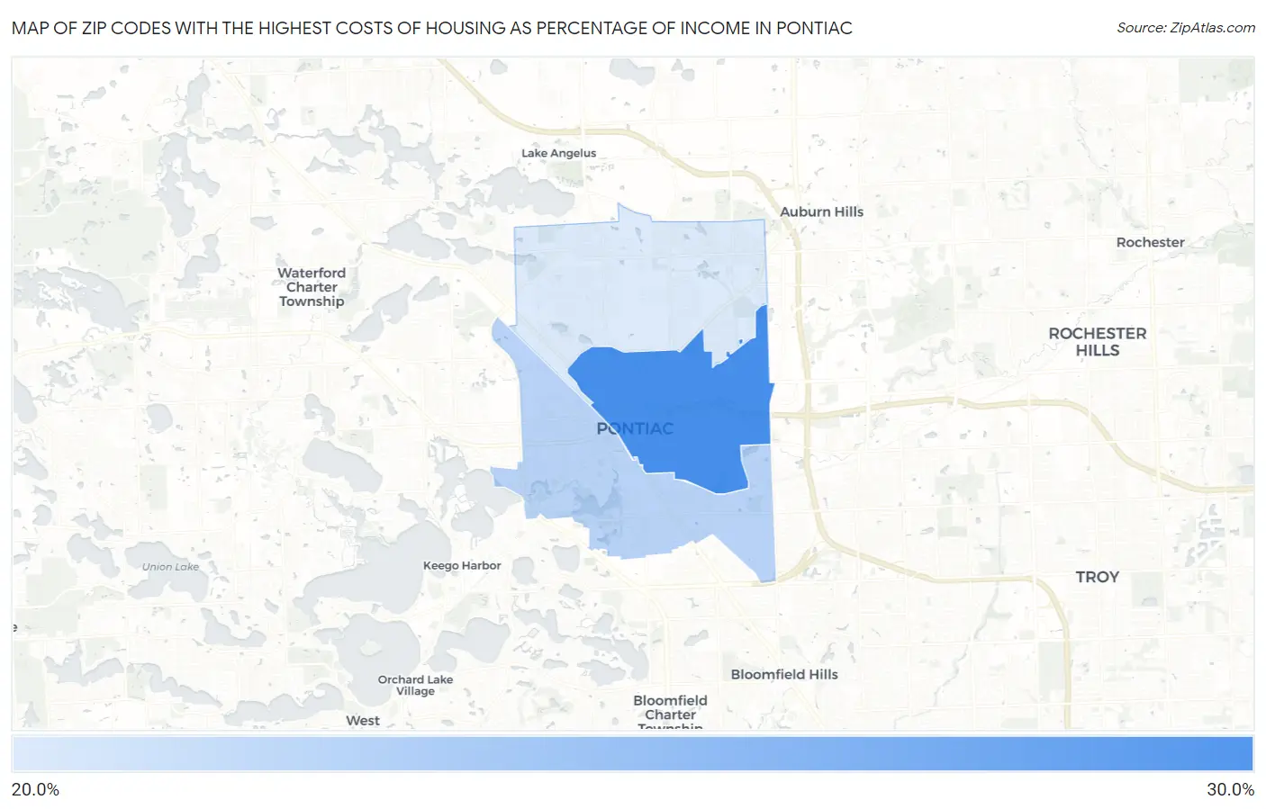 Zip Codes with the Highest Costs of Housing as Percentage of Income in Pontiac Map