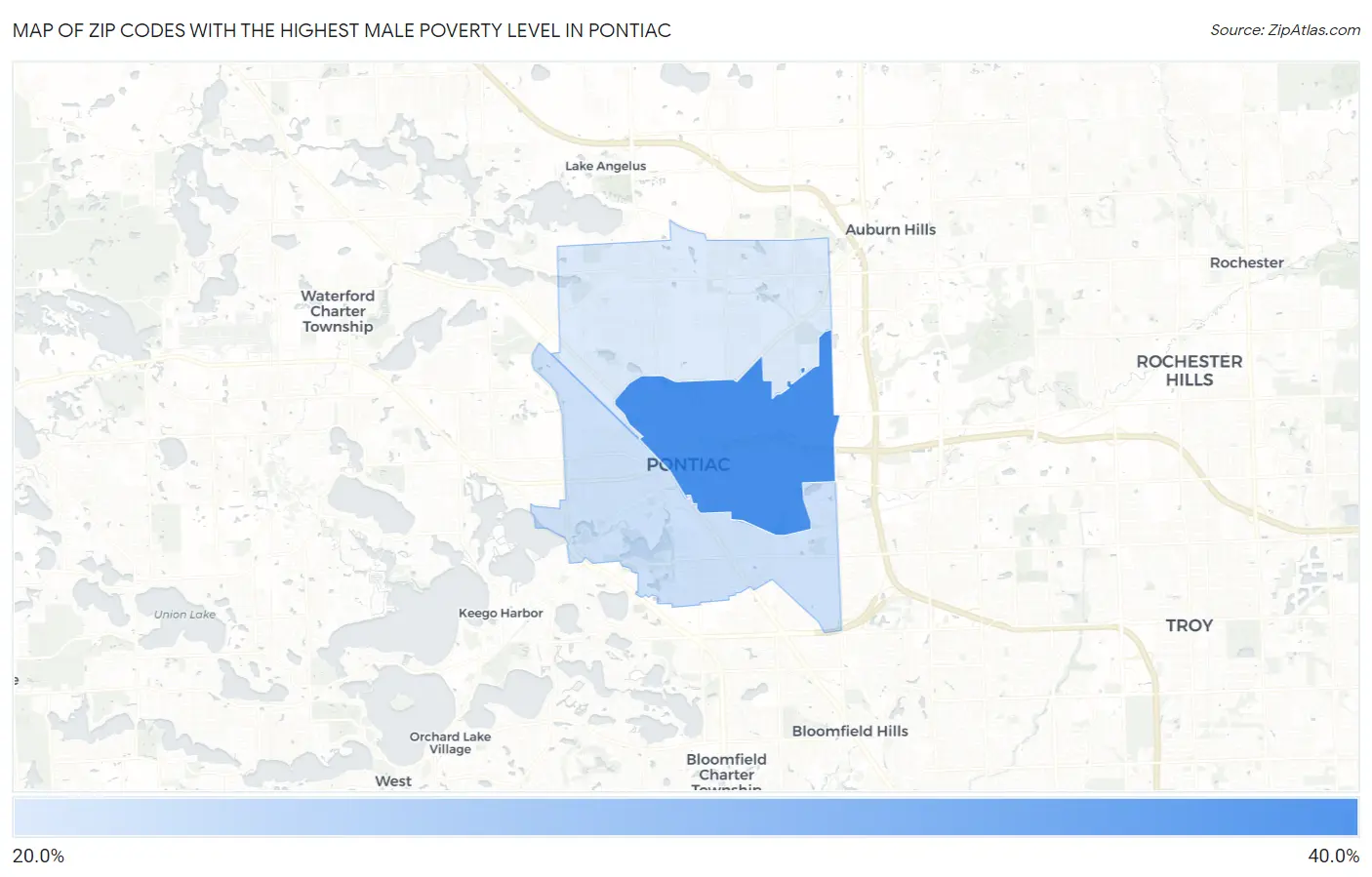 Zip Codes with the Highest Male Poverty Level in Pontiac Map