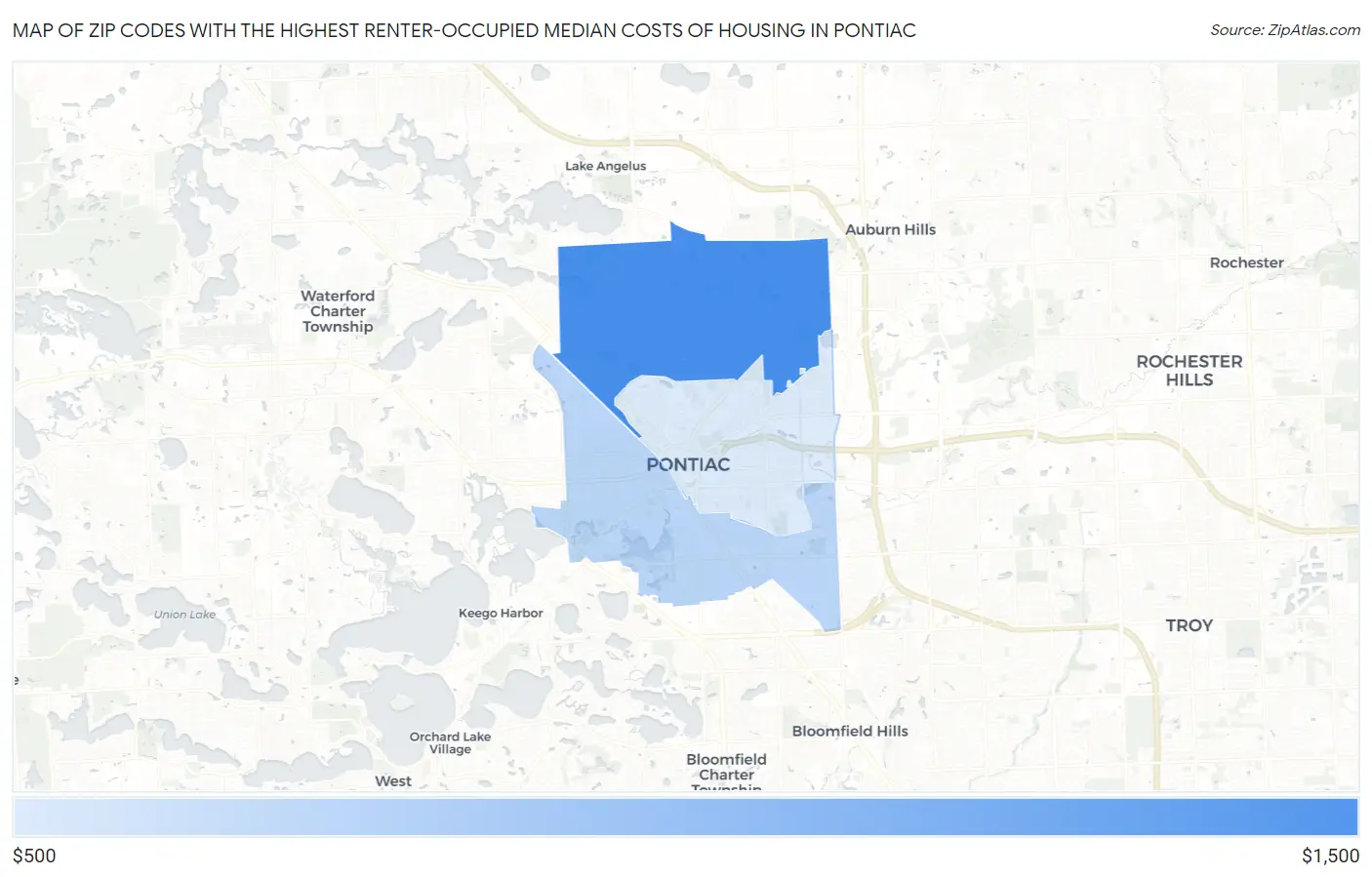 Zip Codes with the Highest Renter-Occupied Median Costs of Housing in Pontiac Map