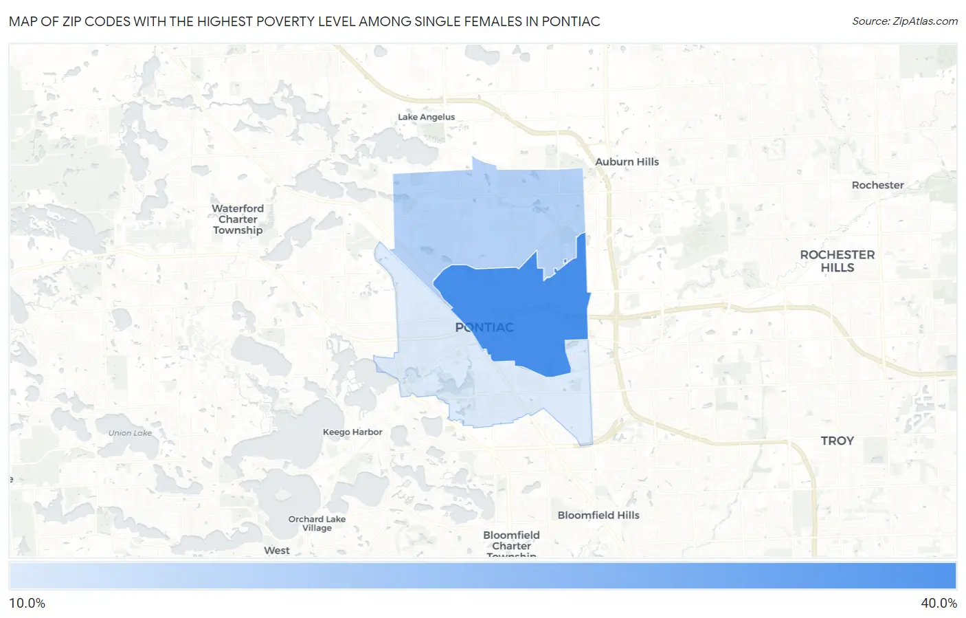 Zip Codes with the Highest Poverty Level Among Single Females in Pontiac Map