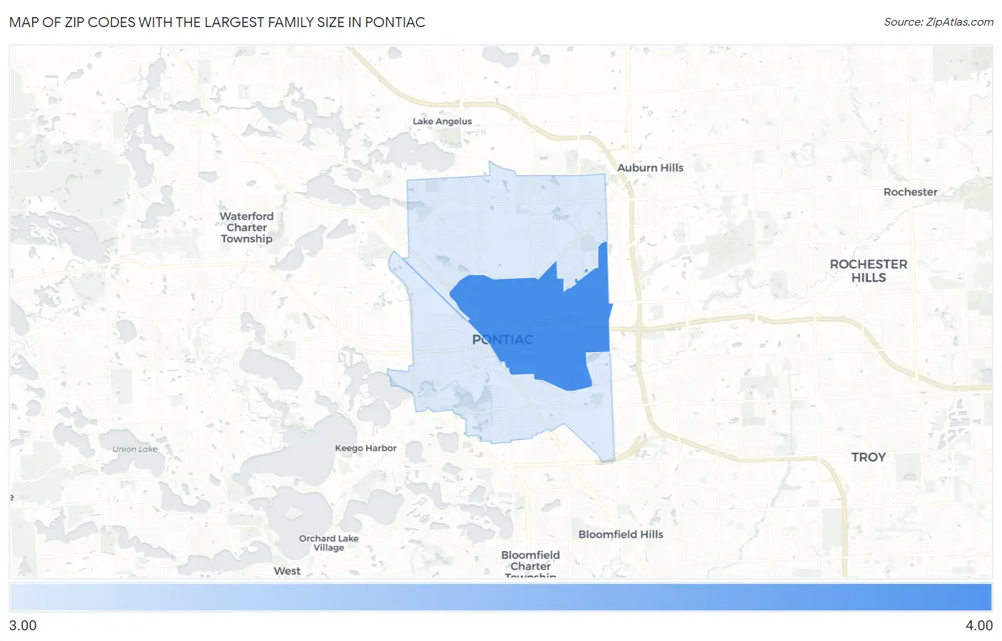 Zip Codes with the Largest Family Size in Pontiac Map