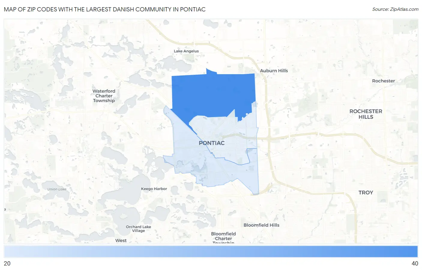 Zip Codes with the Largest Danish Community in Pontiac Map